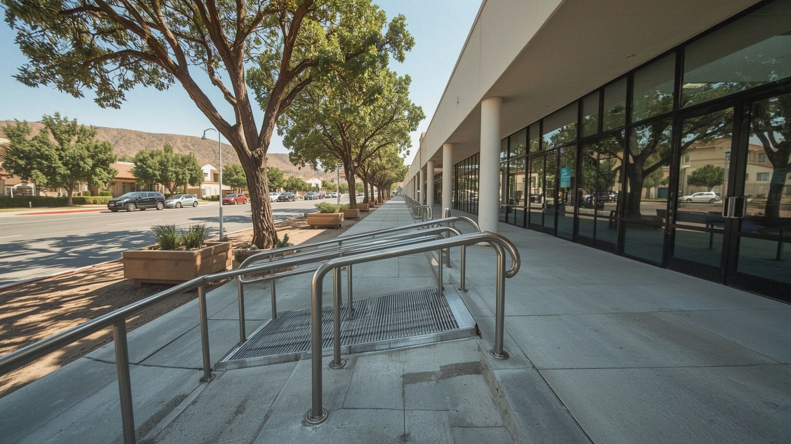 Stainless ADA handrail on a commercial ramp
