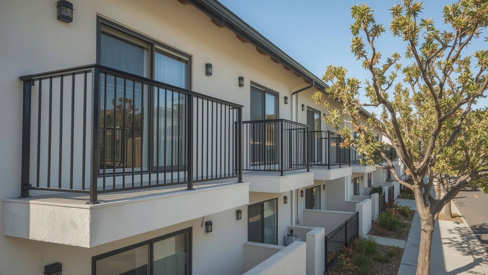 Powder-coated aluminum balcony railings on South Bay townhomes