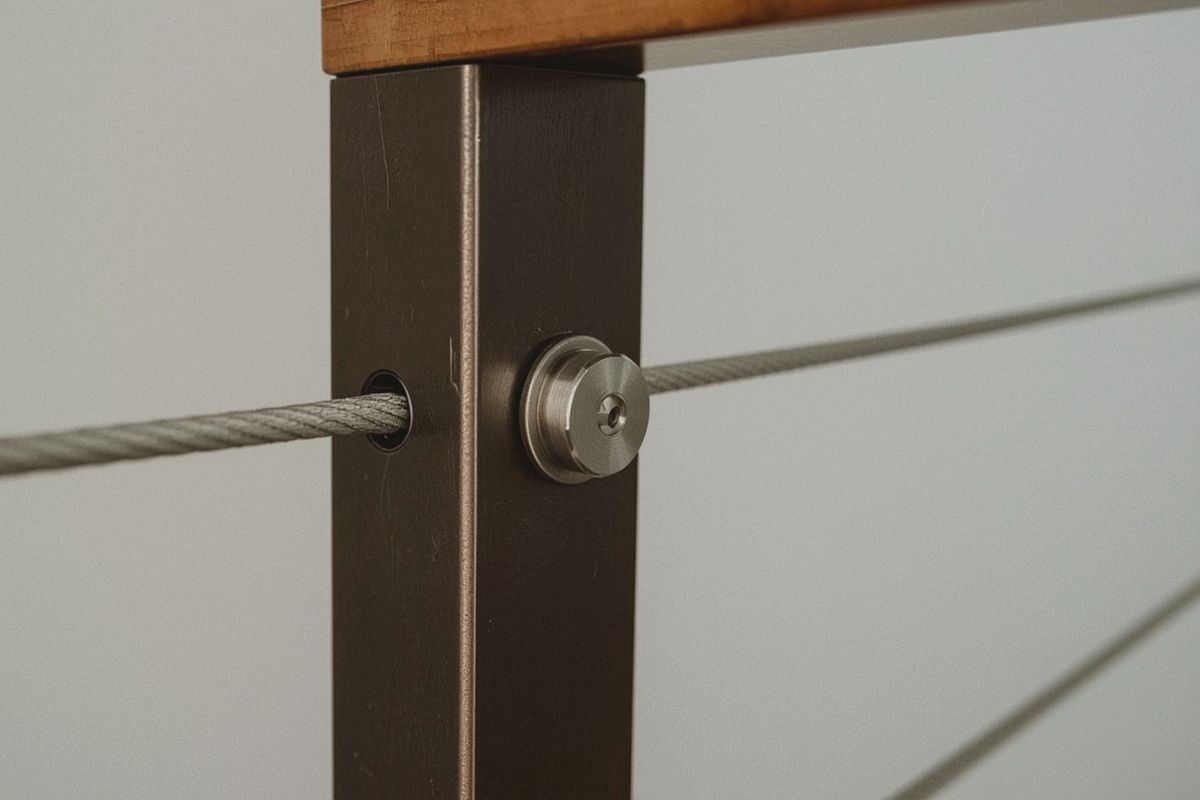 Stainless cable tensioner fitting on a custom cable railing post