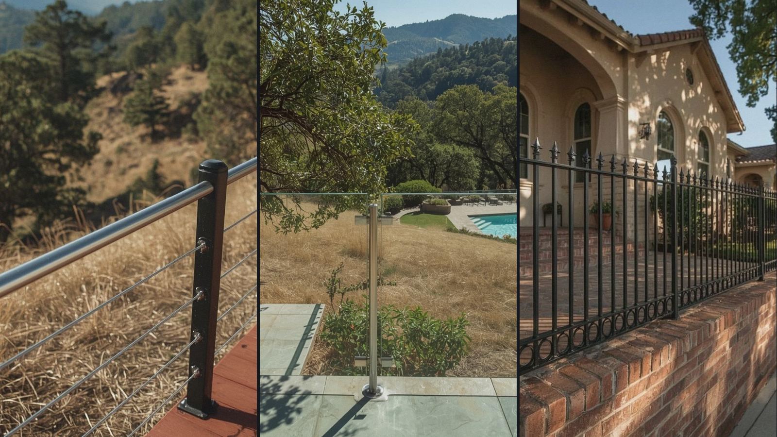 Cable, glass, and iron railing sections compared side by side