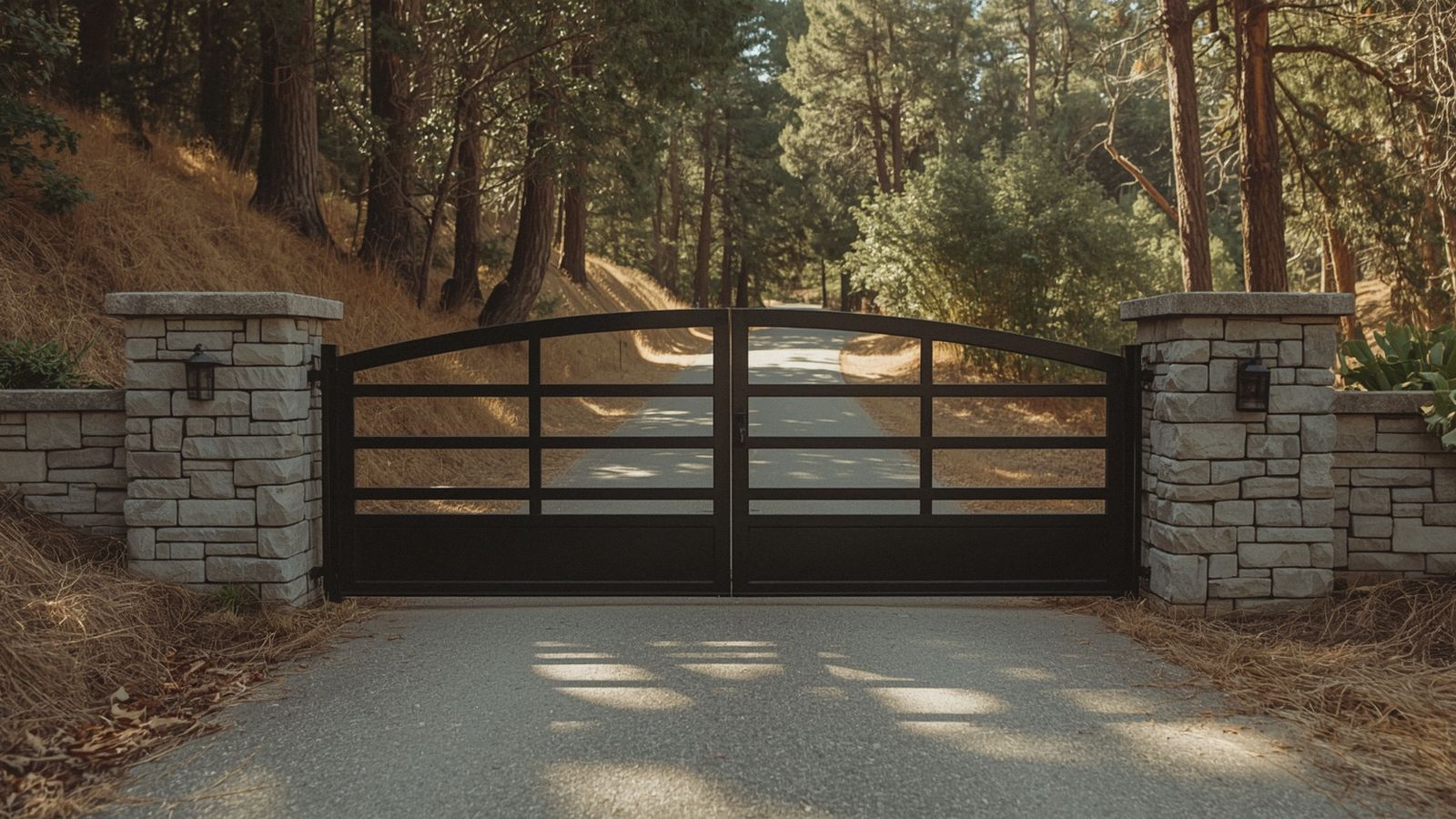 Custom steel driveway gate on a hillside lot