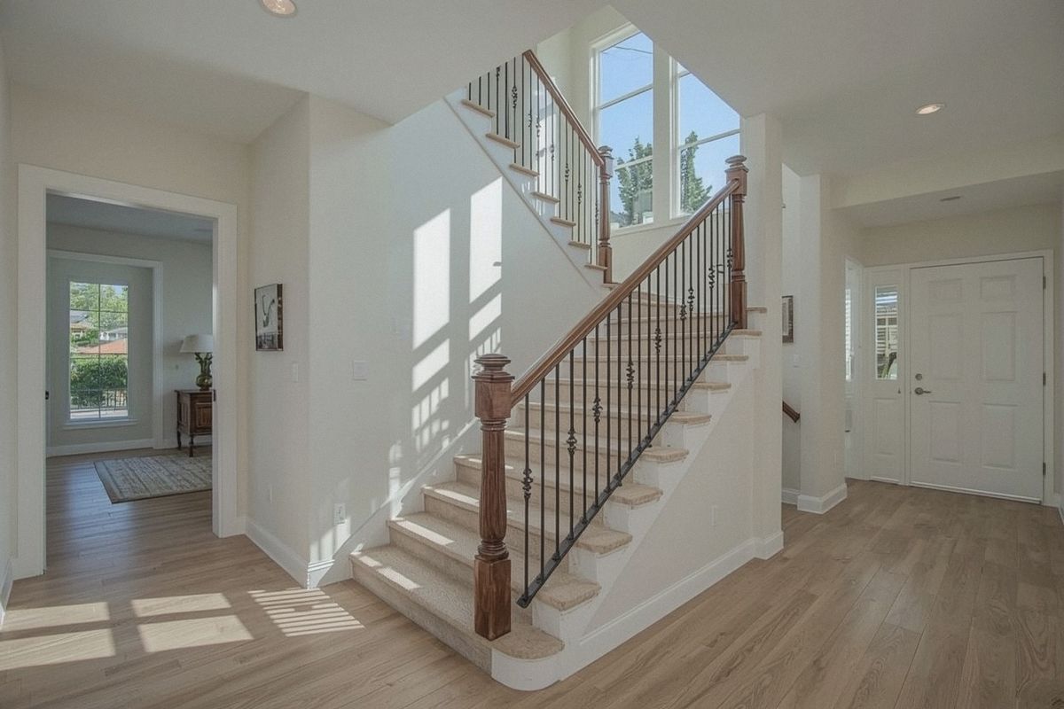 Custom wrought iron stair railing in a two-story San Jose entry