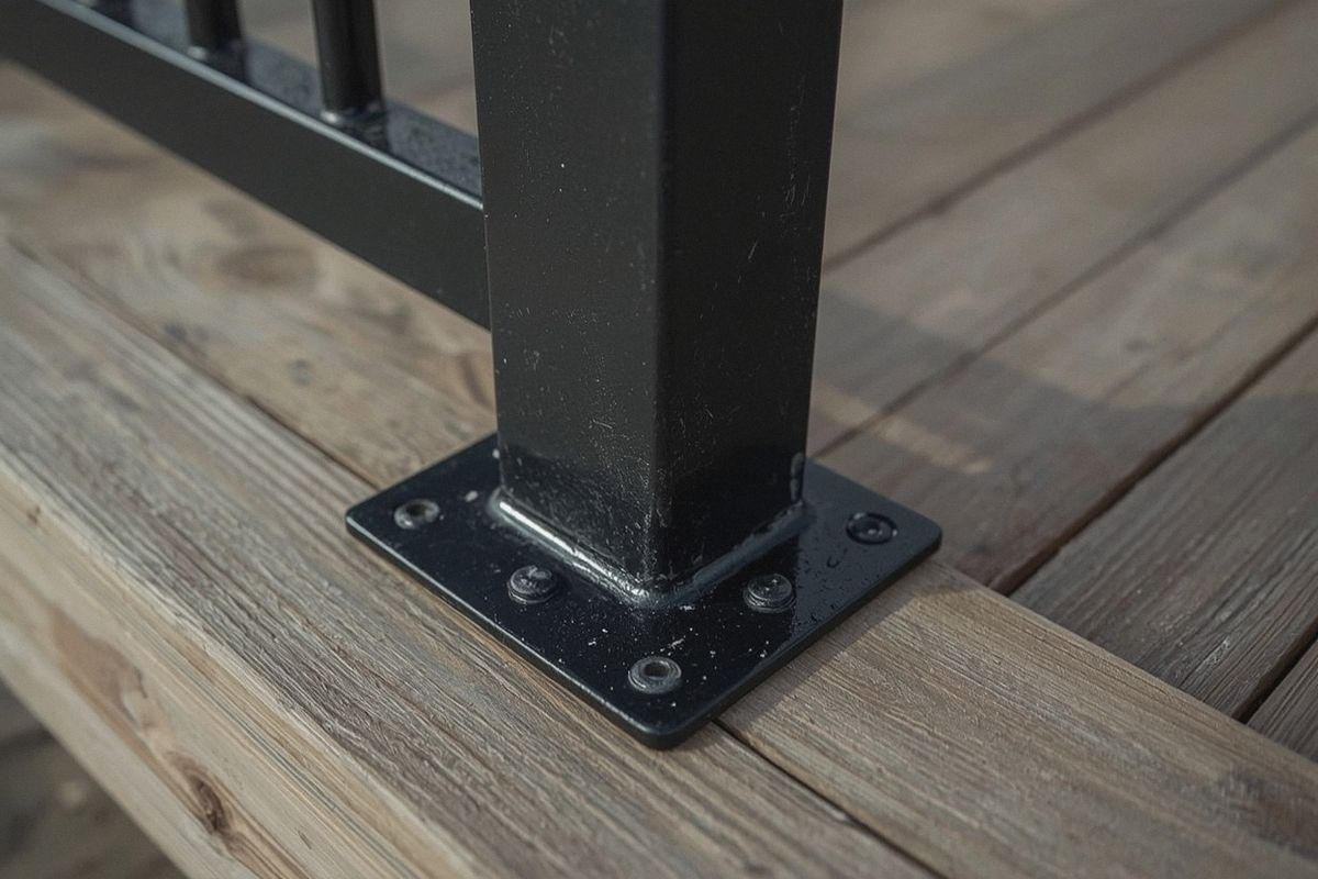 Structural post anchorage on a code-compliant deck guardrail