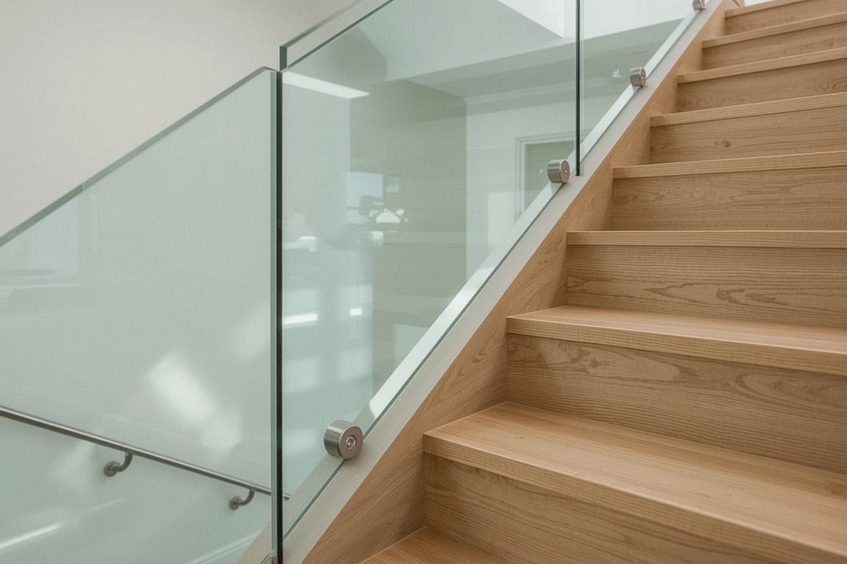 Glass stair railing panels mounted with stainless standoffs