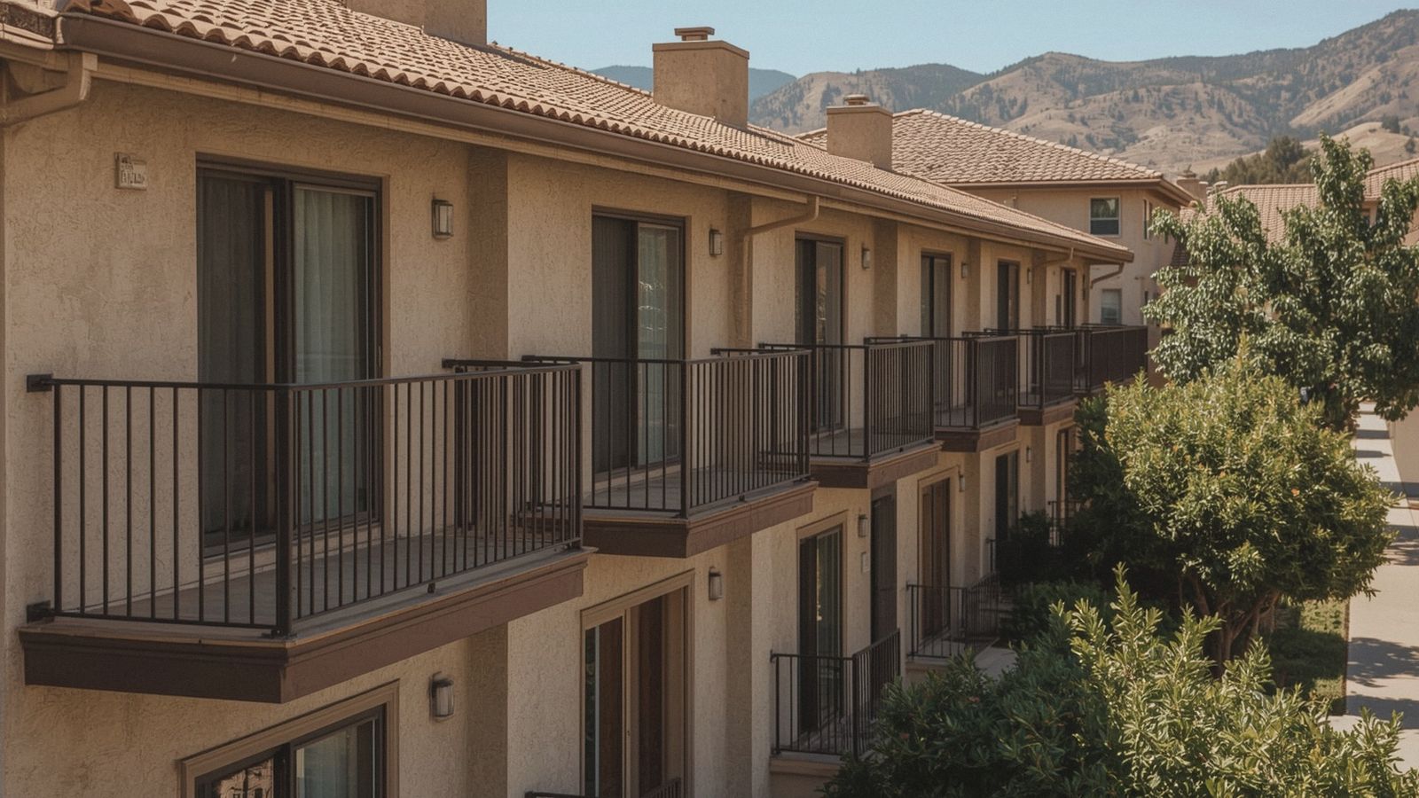 Uniform balcony railings on condo townhomes