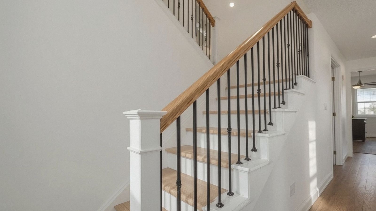 Interior stair railing with black metal balusters