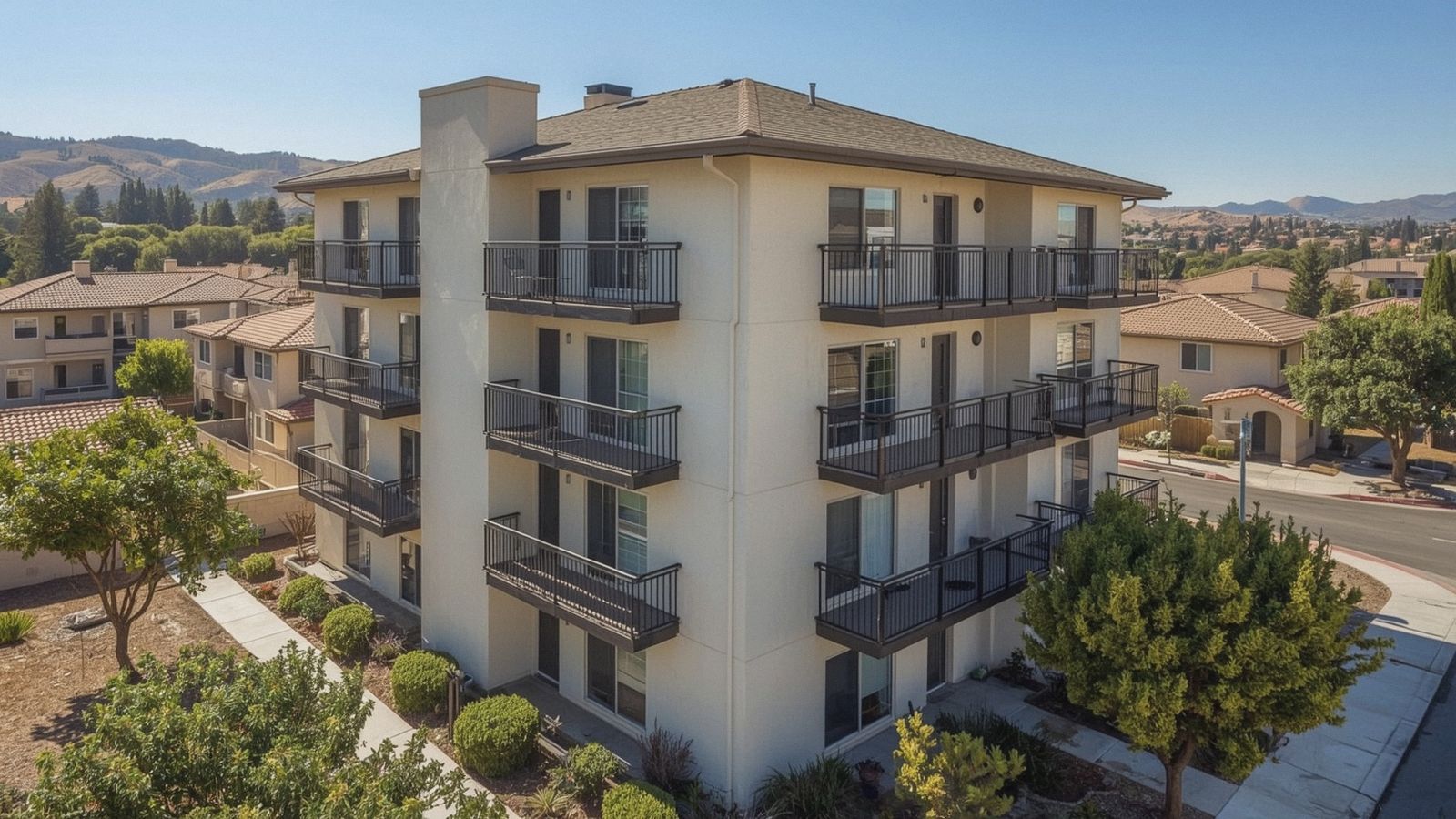 Matching metal balcony railings on an apartment building