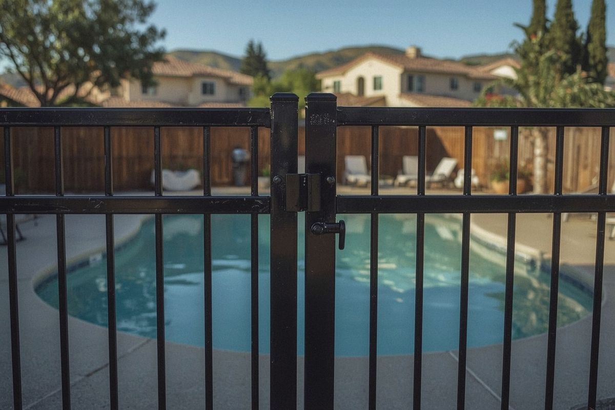 Self-closing, self-latching metal pool gate around a backyard pool