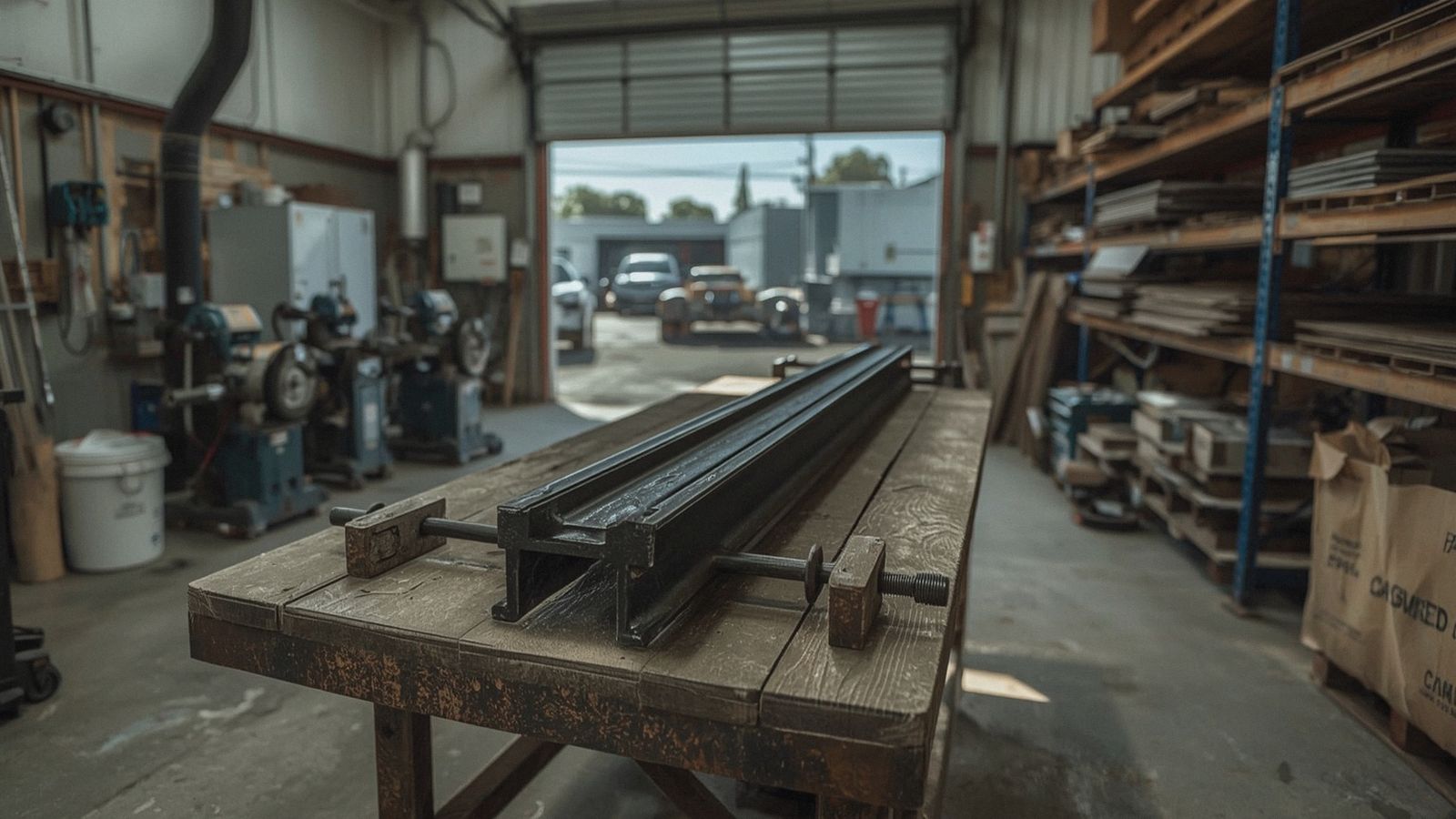 Custom railing being fabricated in a metal shop