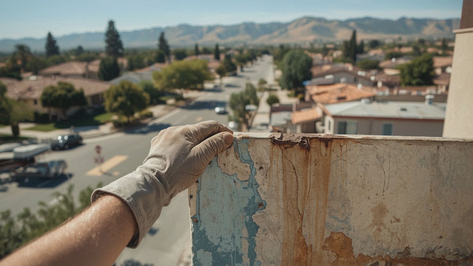 Corroded apartment balcony railing post being inspected