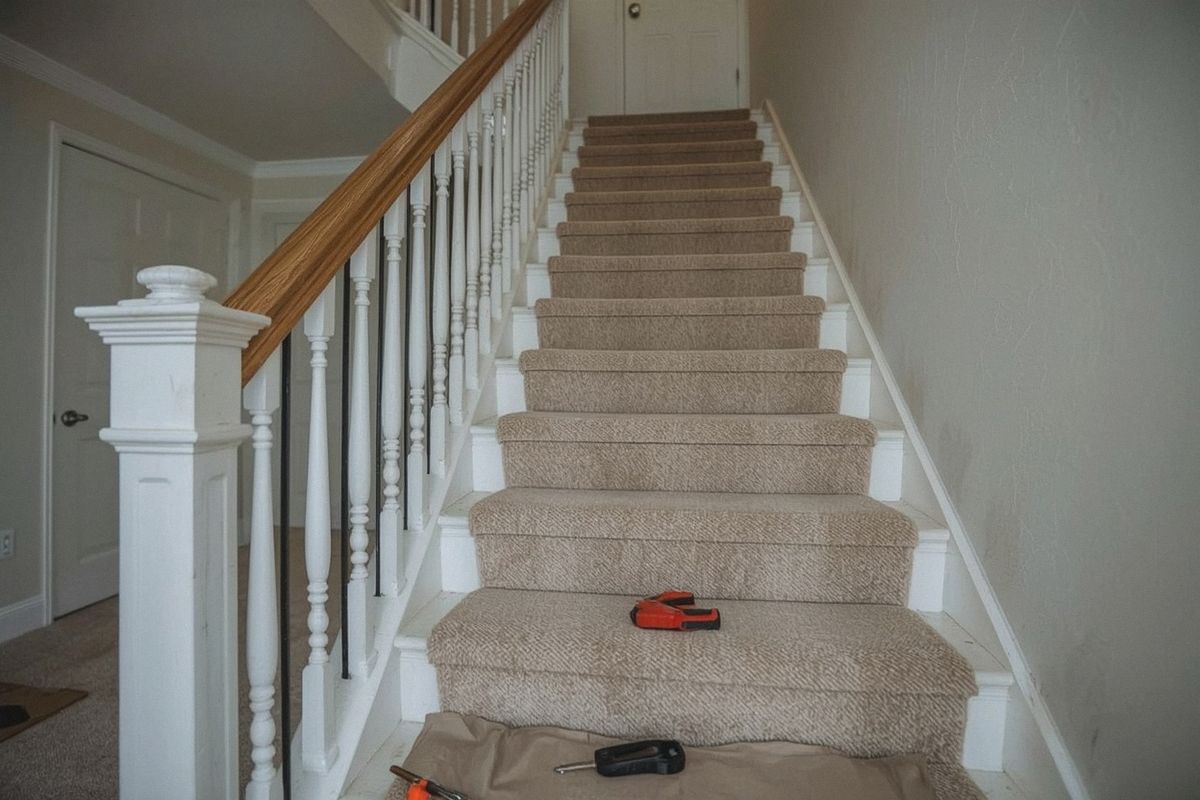 Wood spindles being replaced with iron balusters during a stair railing remodel