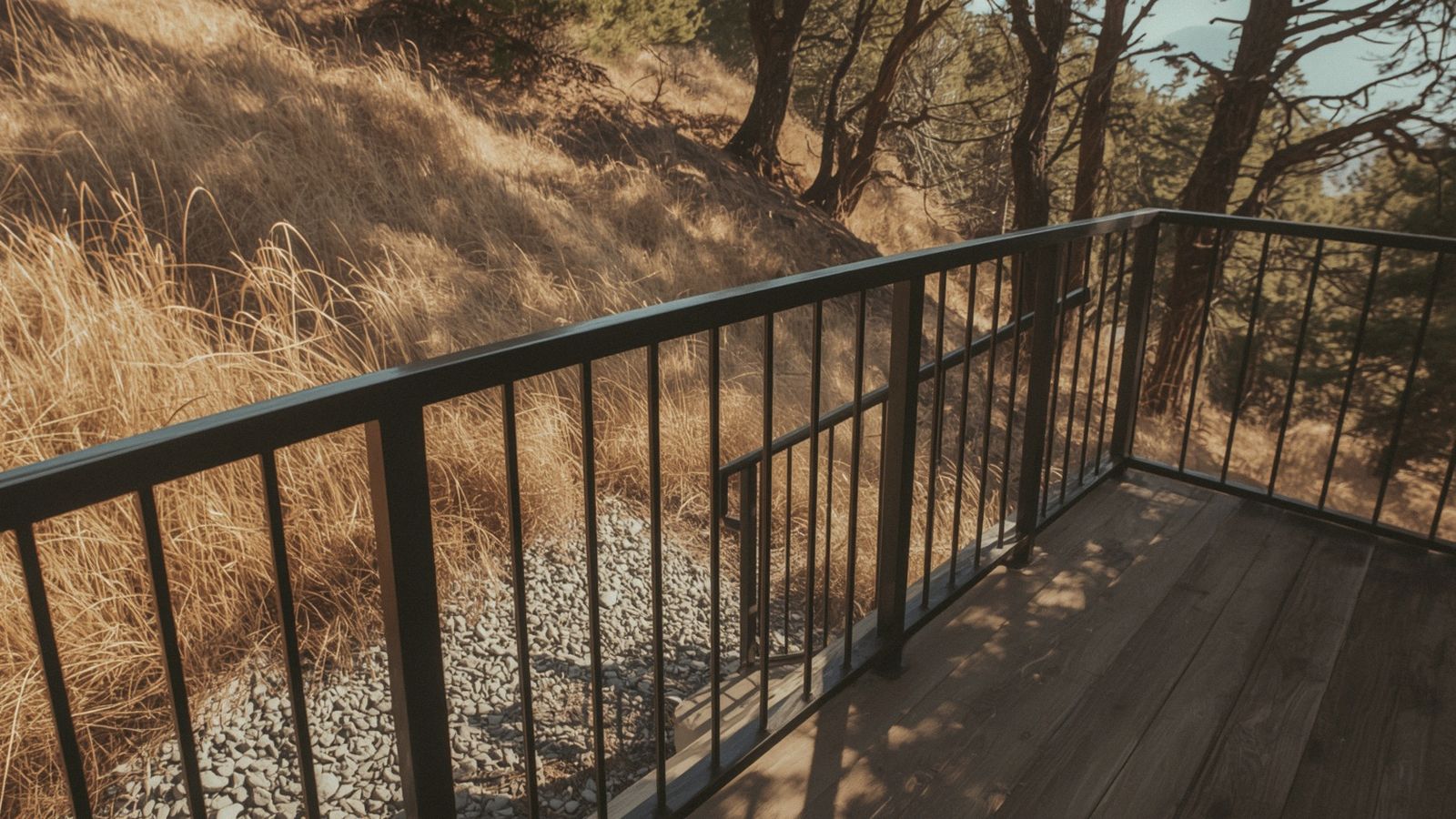 Noncombustible steel deck railing on a home near wildland in the South Bay foothills